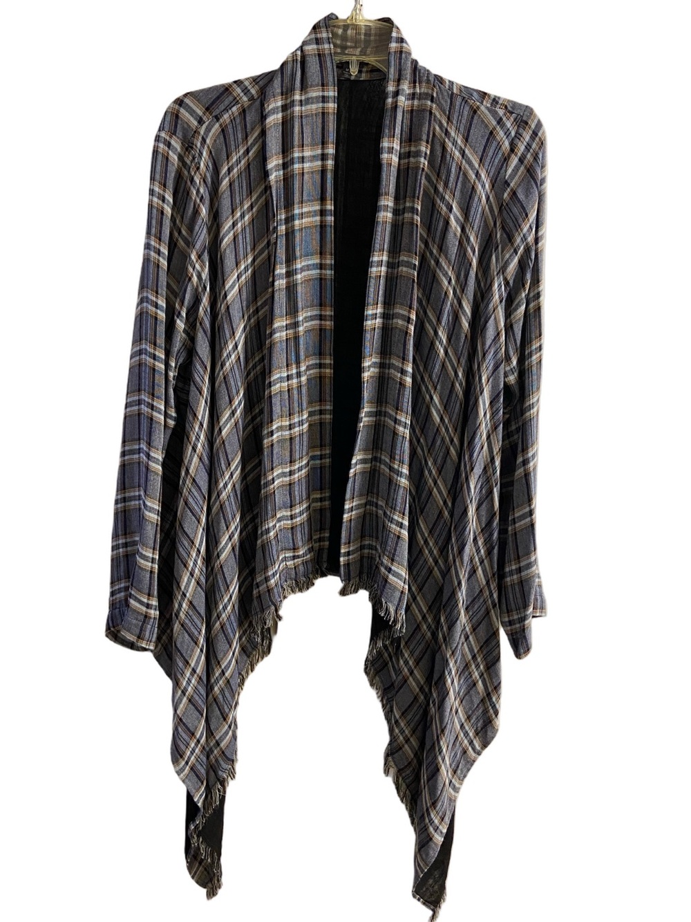 Drew Anthropologie Plaid Open Front Waterfall Cardigan Draped Fringed Hem  Wrap